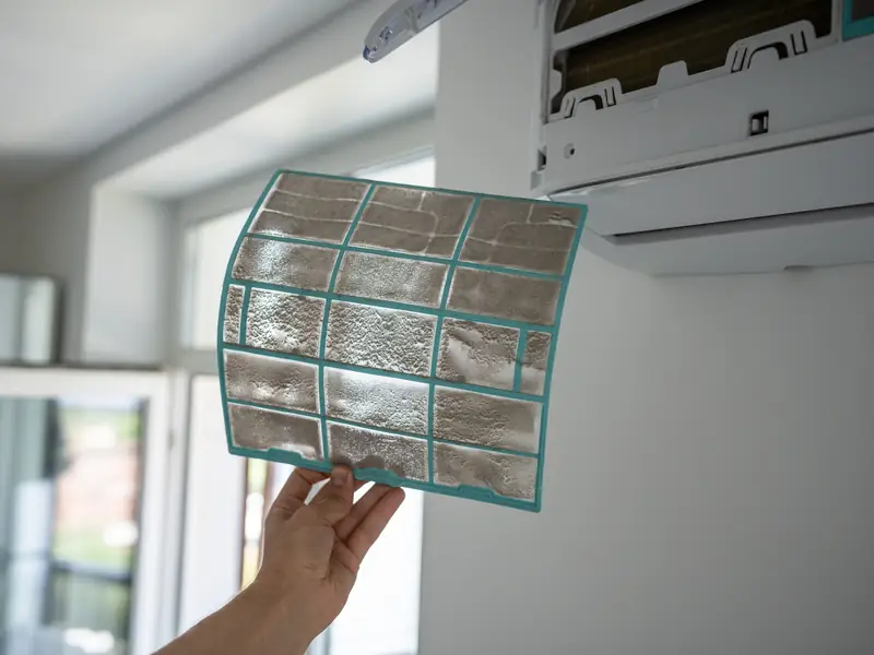 Filtre de climatisation encrassé par la poussière, avant son passage sous l'eau