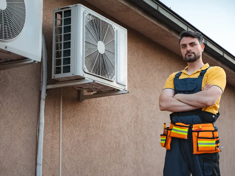 Technicien en intervention devant le groupe extérieur d'une climatisation